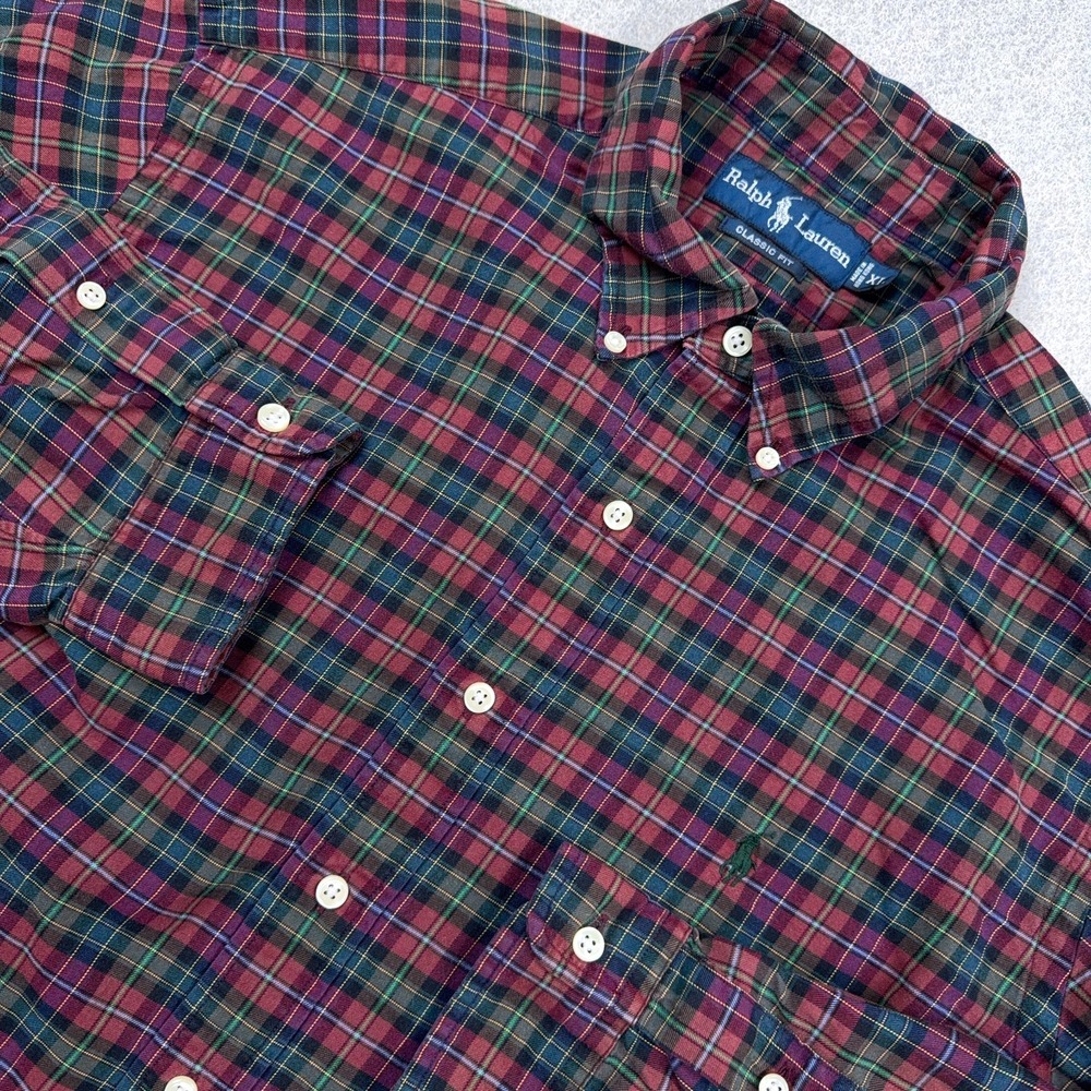 Ralph Lauren Flannel Shirt Men XL Red Green Plaid Classic Fit Lightweight Pony